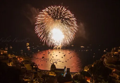 Mid-August in Positano by boat with fireworks show
