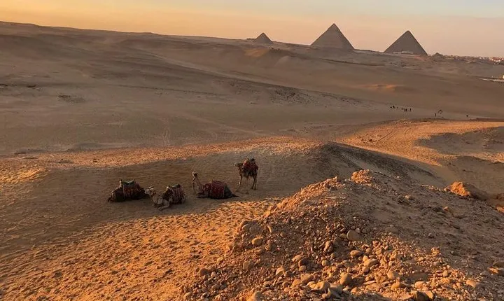 sunset at Giza pyramids by camels