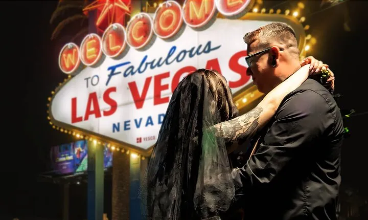Goth Wedding or Vow Renewal at Vegas Sign with Props and Photos