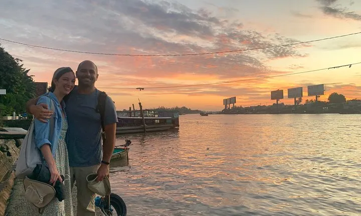 Boat tour on Mekong river see the sunset, small canal, Vegan dinner, street food