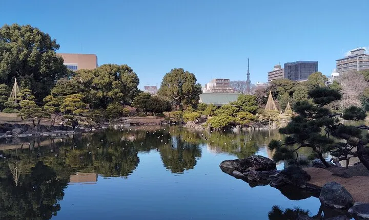 Tokyo Kiyosumi Garden Tour Stonework Pond and Sky Tree Views