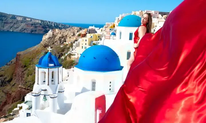 Santorini Flying Dress Photoshoot for 4 Guests & transportation