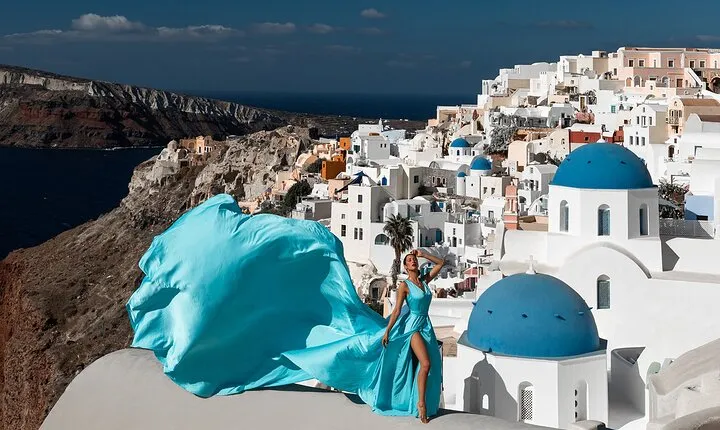 Professional Santorini photoshoot/ Flying dress photoshoot