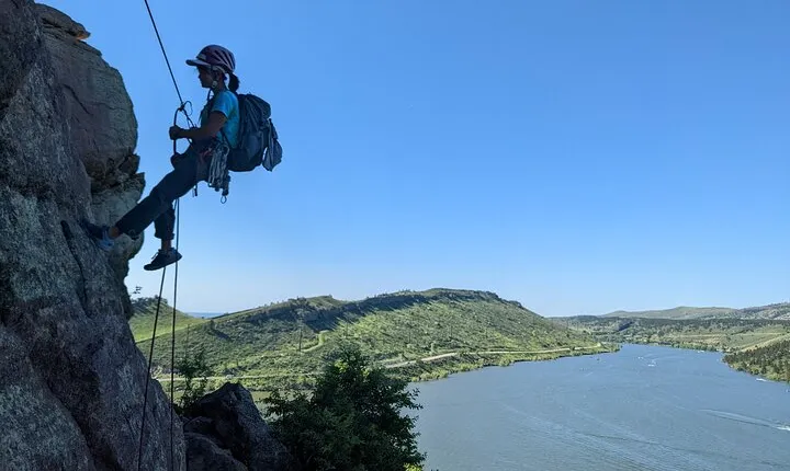 Guided cliff rappelling and climbing above Horsetooth Reservoir