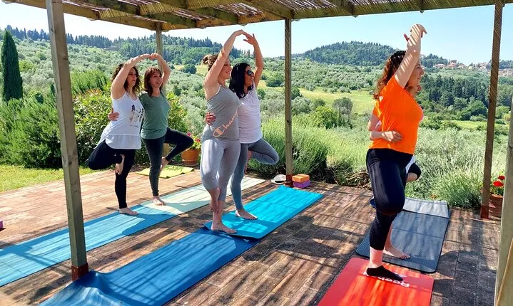 Yoga at Sunset Overlooking Tuscan Countryside