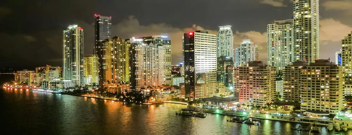 Miami skyline evening cruise of Biscayne Bay on luxury yacht