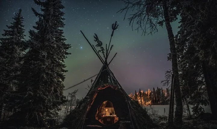 Arctic lake Aurora Hunt, in a cozy Lappish Tipi