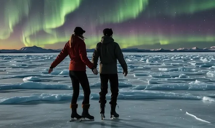 Ice skating under the Northern lights
