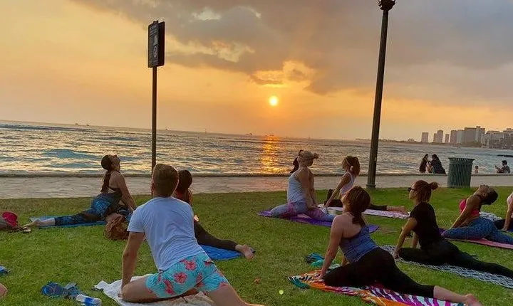 Beach Yoga on Waikiki with Diamondhead Backdrop
