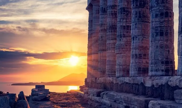 Ancient Corinth and Sunset at Temple of Poseidon Cape Sounio