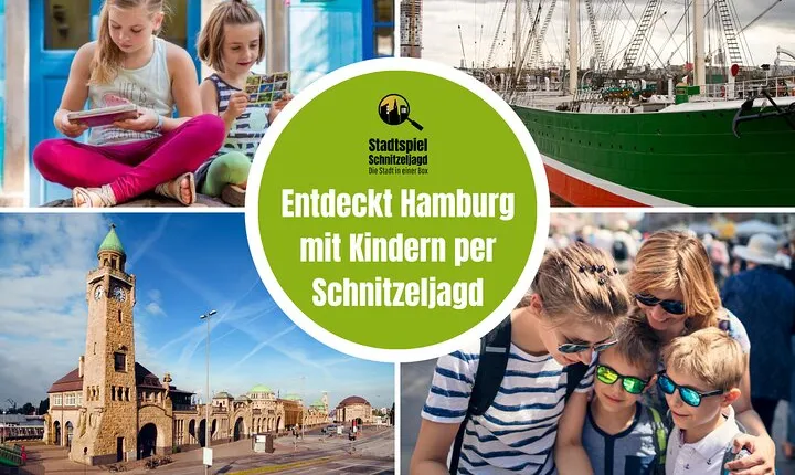 City game scavenger hunt Hamburger Hafen for children - exciting city tour