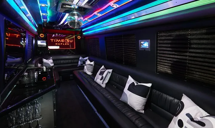 Party Bus Excursion Disco Ball, Limo Seating, Bar, & LED Lights