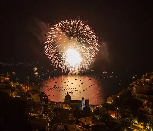 Mid-August in Positano by boat with fireworks show