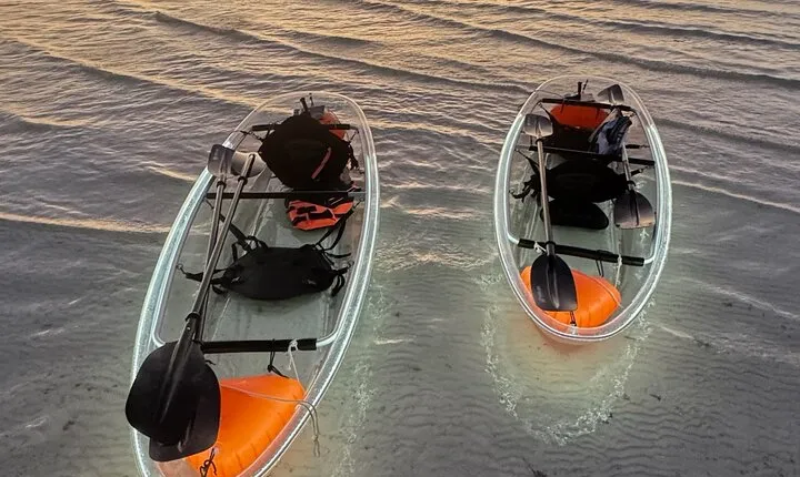 Sunset toast and bioluminescence in clear kayak